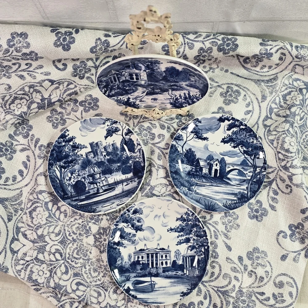 Country Heritage Blue & White Porcelain 6" Dessert Plates Set of 4 Cottage Farm - Picture 3 of 8